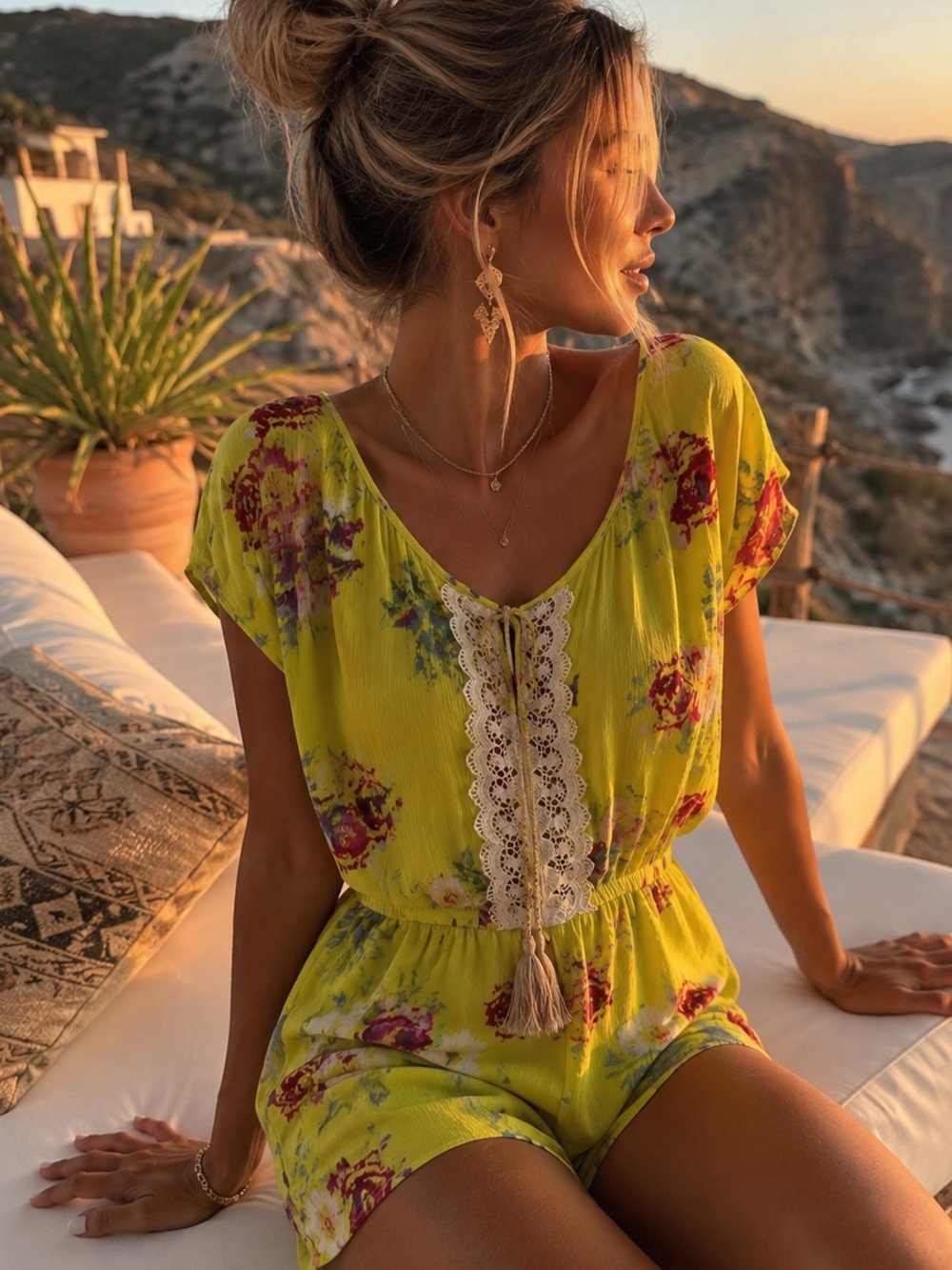 Lovestitch Floral Lace Romper Size L Boho Yellow Green Short Sleeve